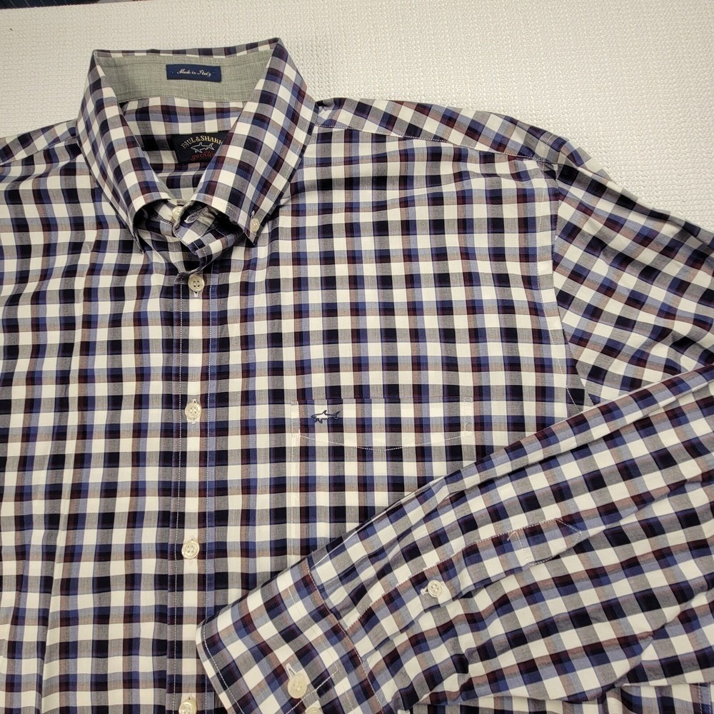 Paul Shark Long Sleeve Button Down Shirt Plaid Men Size 44 (2XL) Italy Designer - Picture 4 of 7